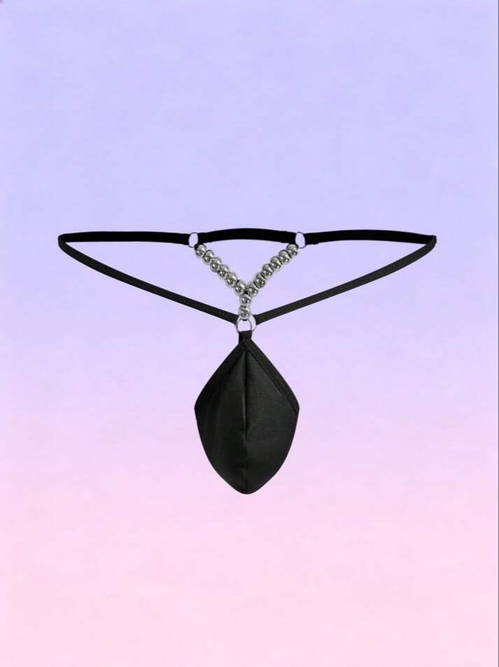 FANDY Men's Black Woven Rear Waist Silver Metal Bead Thong Underwear